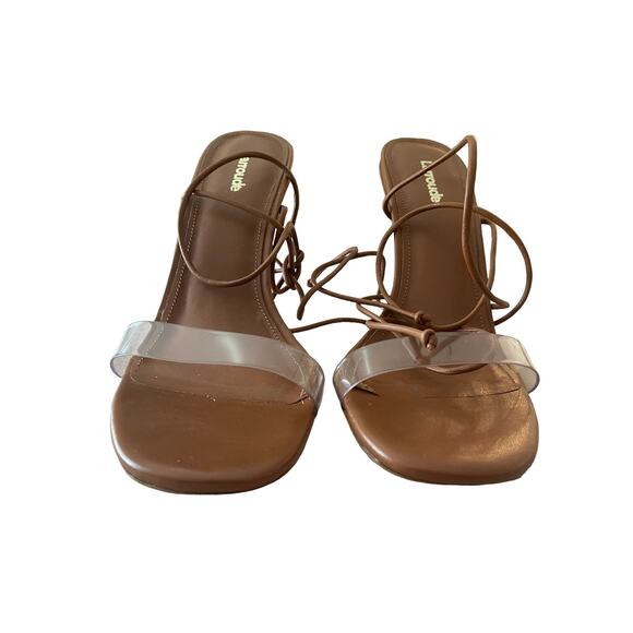 Larroude Gloria Heels Sandals Leather Vinyl Tie Ankle Straps Caramel Size 7.5 - Picture 6 of 9